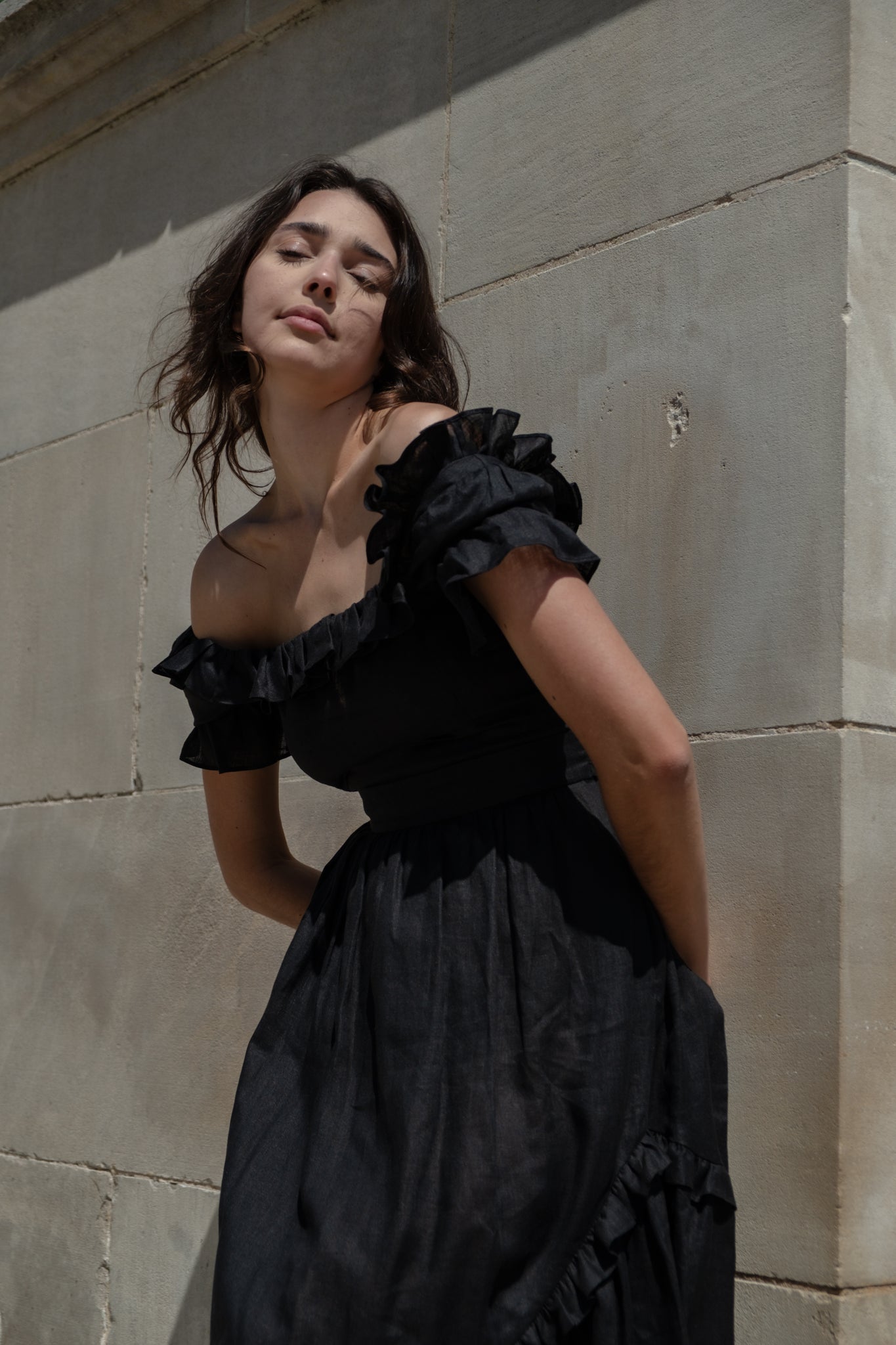 black linen ruffle dress Handmade Black Linen Dress: Ruffle Hem, Sleeveless Shift