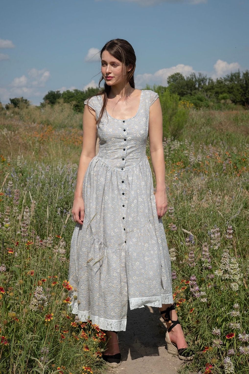 Smocked Cotton Dress - White/blue floral - Ladies | H&M US