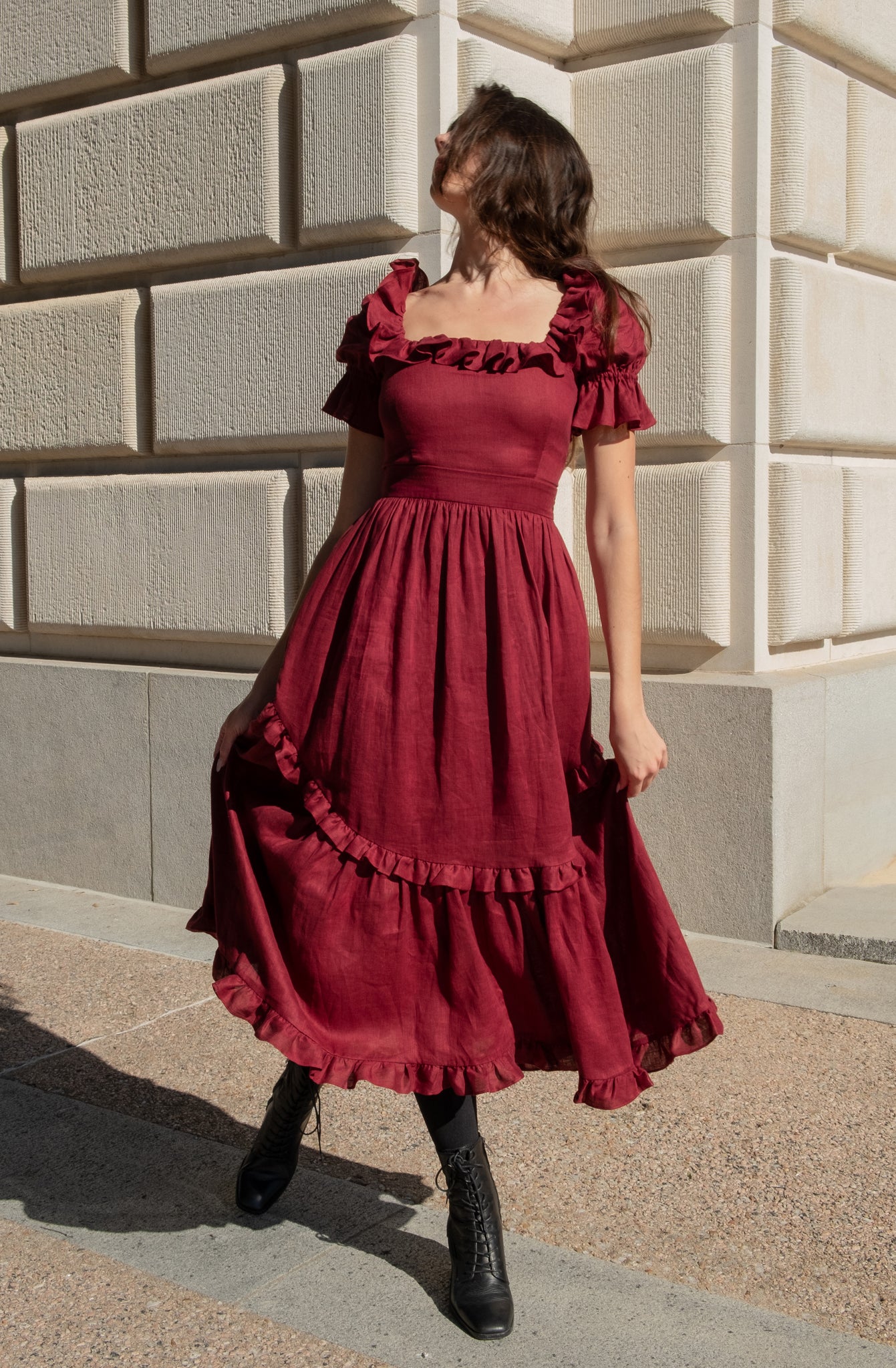 Adeline Dress in Burgundy Linen