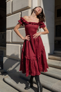 Adeline Dress in Burgundy Linen