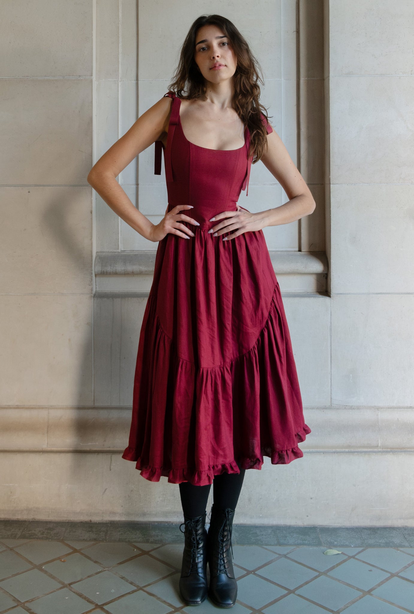 Mirabelle Dress in Burgundy Linen Of Her Own Kind Mirabelle Dress in Burgundy Linen Of Her Own Kind