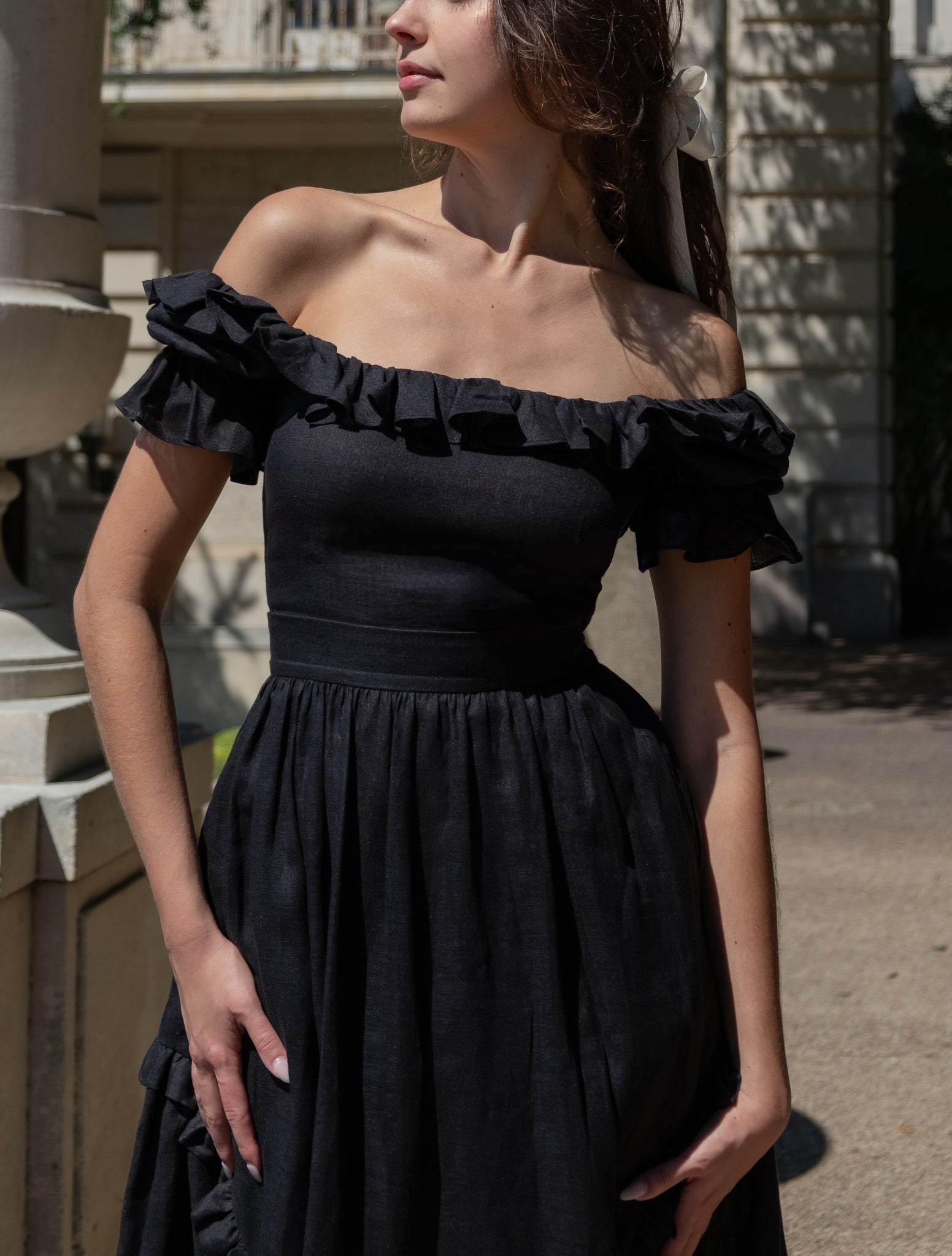 black linen off shoulder dress Black Organic Linen off Shoulder Midi Dress, Summer Dress, A-line Dress, Mid-calf Dress, Natural Cotton Dress, Fitted